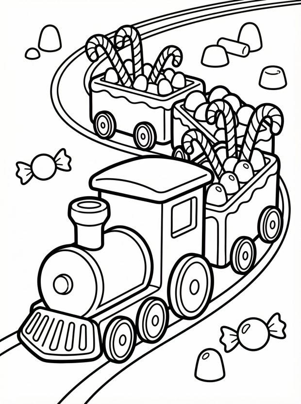 Free printable coloring page showing a gingerbread train filled with candy and candy canes, perfect for kids to practice fine motor skills and creativity