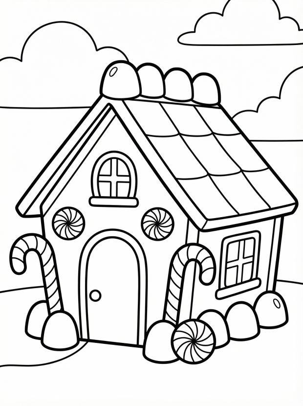 Free printable coloring page showing a gingerbread house with candy decorations, perfect for kids to practice creativity and fine motor skills