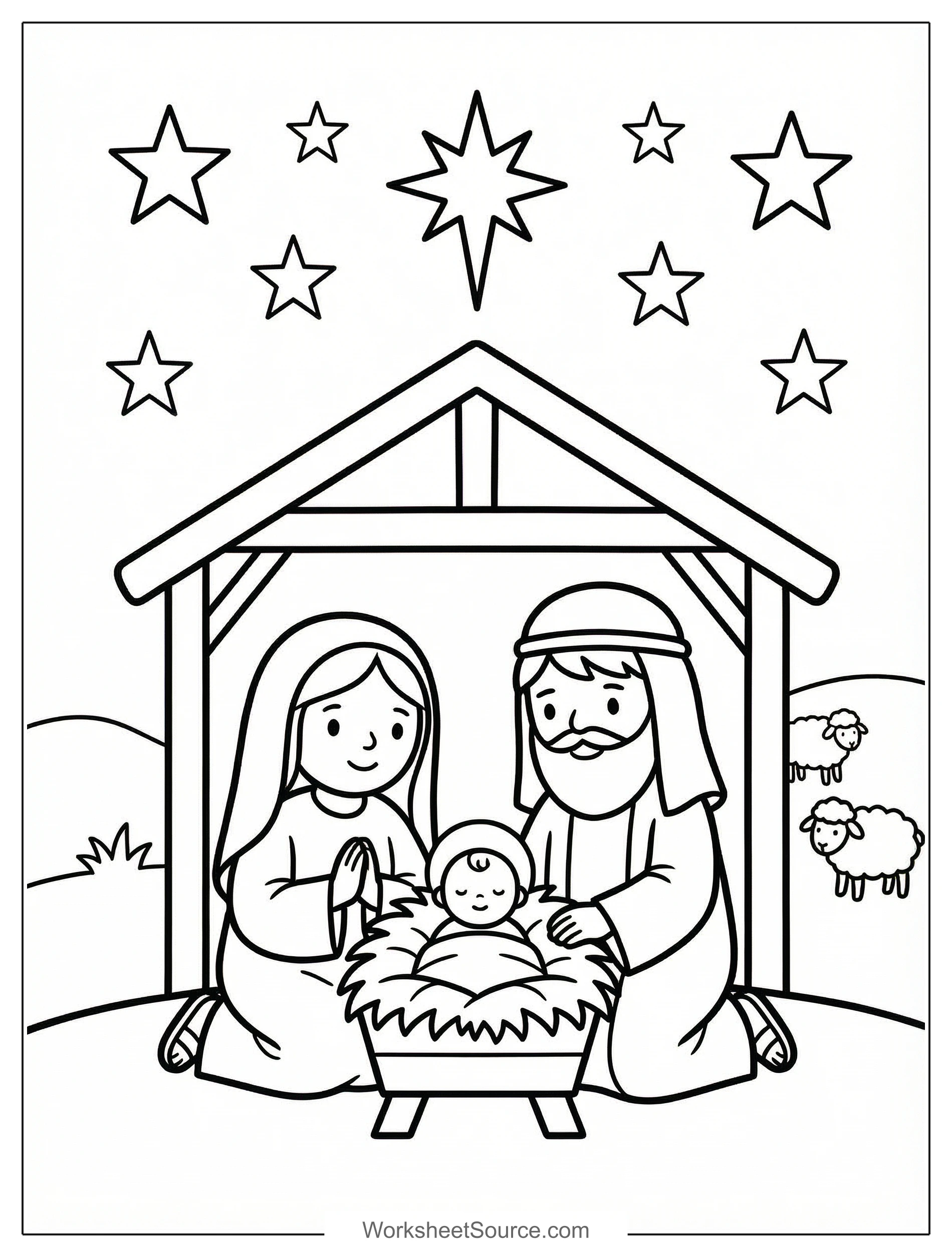 Free printable coloring page showing a nativity scene with Mary Joseph baby and stars, perfect for kids to practice fine motor skills and creativity
