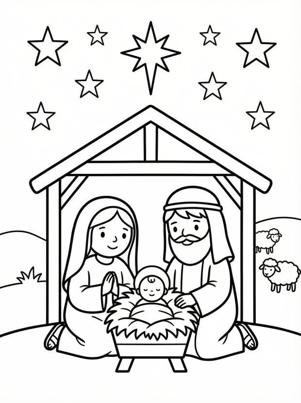 Free printable coloring page showing a nativity scene with Mary Joseph baby and stars, perfect for kids to practice fine motor skills and creativity