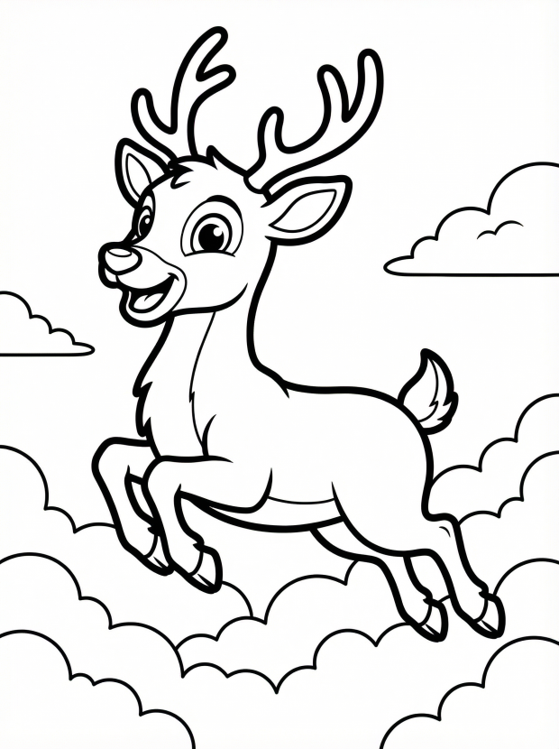 Free printable coloring page showing a smiling flying reindeer in clouds, perfect for kids to practice fine motor skills and creativity