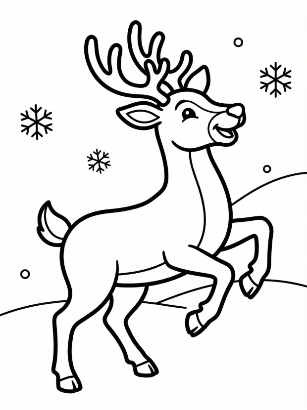 Free printable coloring page showing a prancing reindeer in snow, perfect for kids to practice coloring and creativity