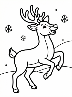 Free printable coloring page showing a prancing reindeer in snow, perfect for kids to practice coloring and creativity