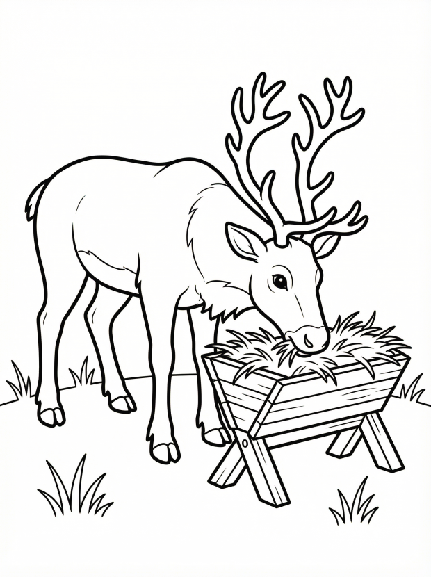 Free printable coloring page showing a reindeer eating hay at a manger, perfect for kids to practice coloring and fine motor skills