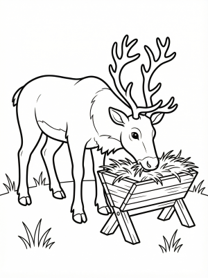 Free printable coloring page showing a reindeer eating hay at a manger, perfect for kids to practice coloring and fine motor skills