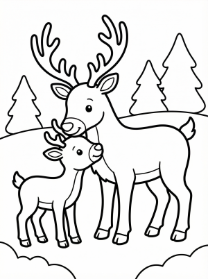 Free printable coloring page showing a reindeer parent and fawn in a snowy forest, perfect for kids to practice fine motor skills and creativity