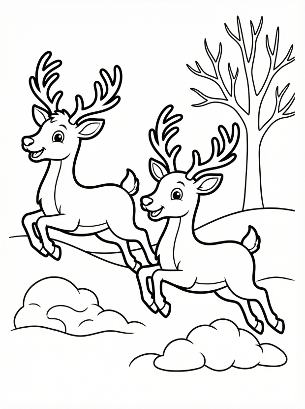 Free printable coloring page showing two playful reindeer leaping in a snowy scene, perfect for kids to practice coloring and creativity
