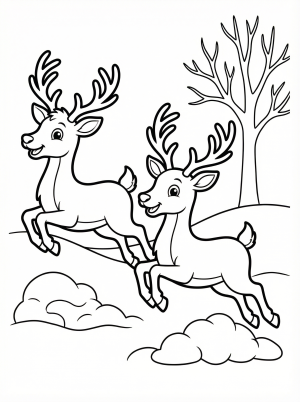 Free printable coloring page showing two playful reindeer leaping in a snowy scene, perfect for kids to practice coloring and creativity