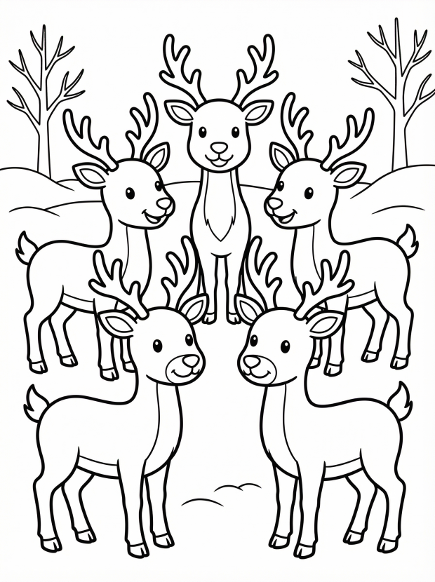 Free printable coloring page showing a cheerful reindeer herd in a snowy scene, perfect for kids to practice coloring and fine motor skills