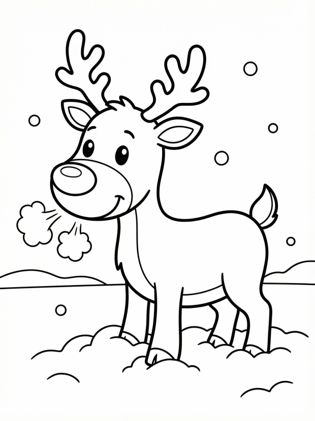 Free printable coloring page showing a smiling reindeer in snow, perfect for kids to practice coloring and enjoy a holiday activity