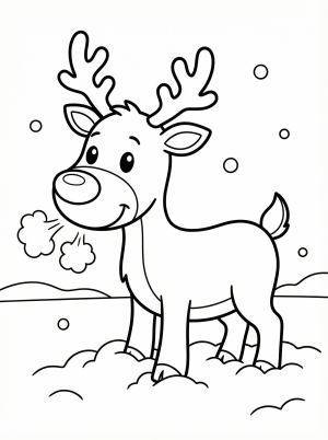 Free printable coloring page showing a smiling reindeer in snow, perfect for kids to practice coloring and enjoy a holiday activity