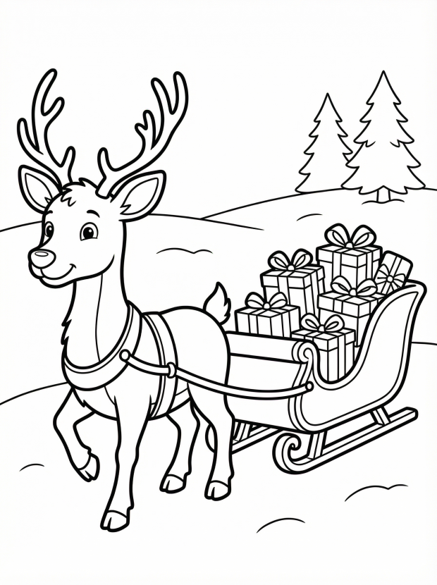 Free printable coloring page showing a reindeer pulling a sleigh full of gifts, perfect for kids to practice creativity and fine motor skills