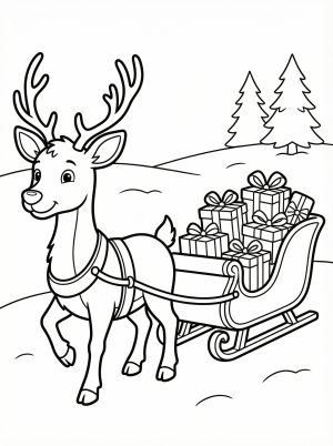 Free printable coloring page showing a reindeer pulling a sleigh full of gifts, perfect for kids to practice creativity and fine motor skills