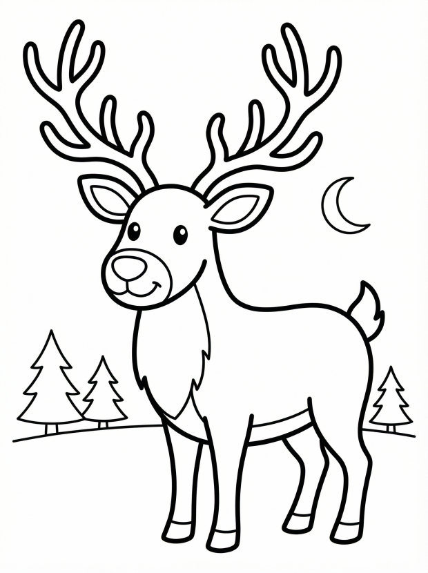 Free printable coloring page showing a smiling reindeer with large antlers, perfect for kids to practice coloring and creativity.