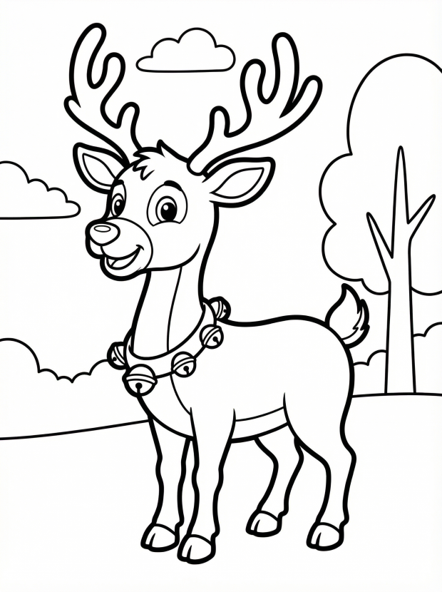 Free printable coloring page showing a cheerful reindeer with antlers and bells, perfect for kids to practice coloring and imagination