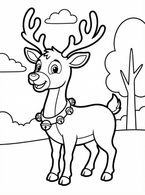 Free printable coloring page showing a cheerful reindeer with antlers and bells, perfect for kids to practice coloring and imagination