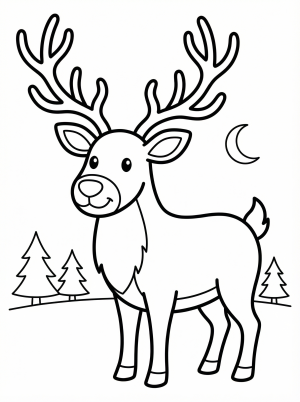 Free printable coloring page showing a smiling reindeer with large antlers, perfect for kids to practice coloring and creativity.