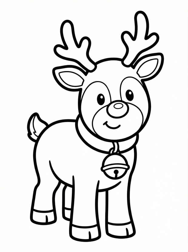 Free printable coloring page showing a smiling reindeer with a bell on its collar, perfect for kids to practice coloring and fine motor skills