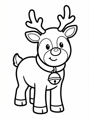 Free printable coloring page showing a smiling reindeer with a bell on its collar, perfect for kids to practice coloring and fine motor skills