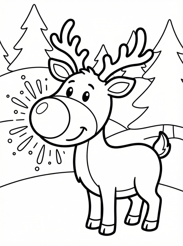 Free printable coloring page showing a smiling reindeer with a glowing red nose, perfect for kids to practice color recognition and creativity