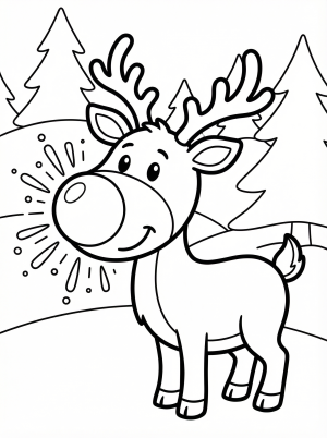 Free printable coloring page showing a smiling reindeer with a glowing red nose, perfect for kids to practice color recognition and creativity
