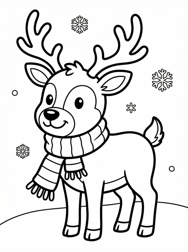 Free printable coloring page showing a cheerful reindeer wearing a striped scarf, perfect for kids to practice color choices and fine motor skills
