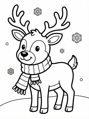 Free printable coloring page showing a cheerful reindeer wearing a striped scarf, perfect for kids to practice color choices and fine motor skills