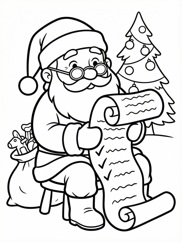 Free printable coloring page showing Santa checking his list, perfect for kids to practice focus and creativity.
