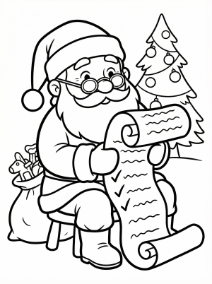 Free printable coloring page showing Santa checking his list, perfect for kids to practice focus and creativity.