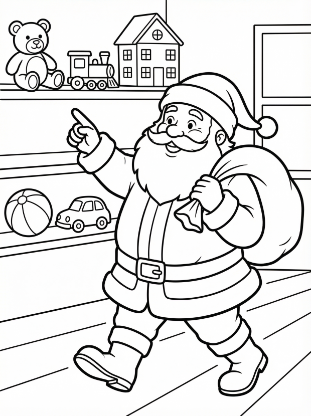 Free printable coloring page showing Santa checking toys in a workshop, perfect for kids to practice fine motor skills and creativity