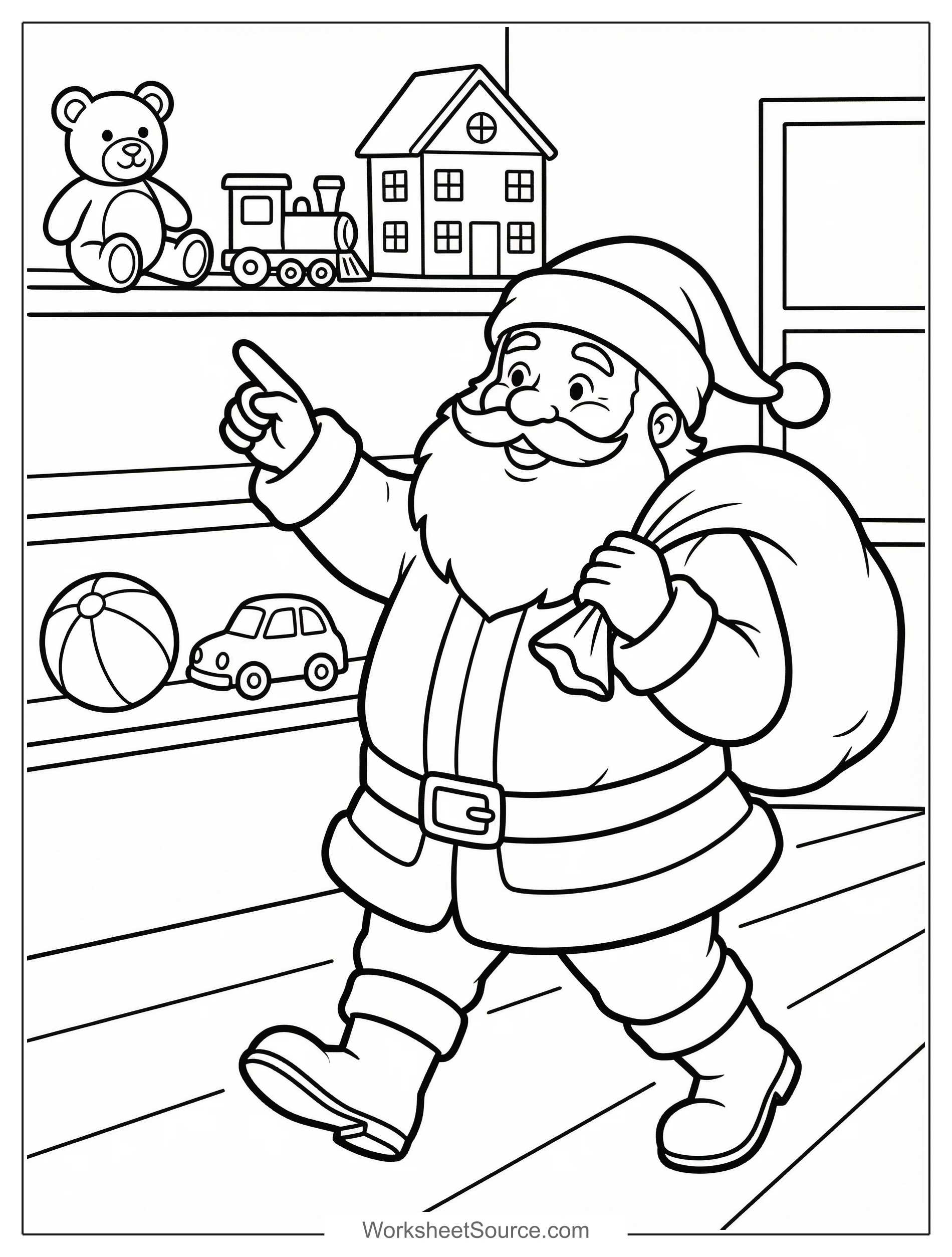 Free printable coloring page showing Santa checking toys in a workshop, perfect for kids to practice fine motor skills and creativity