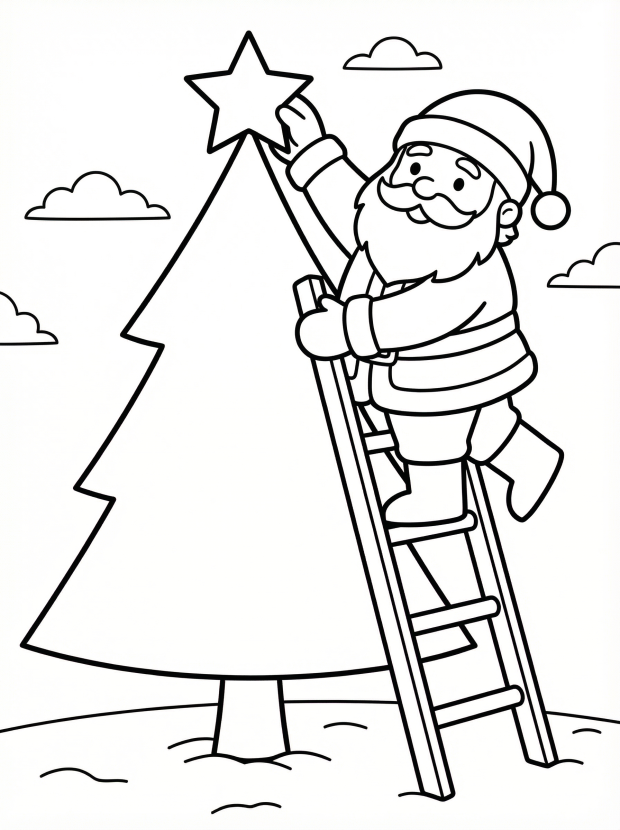 Free printable coloring page showing Santa on a ladder placing a star on a Christmas tree, perfect for kids to practice creativity and fine motor skills
