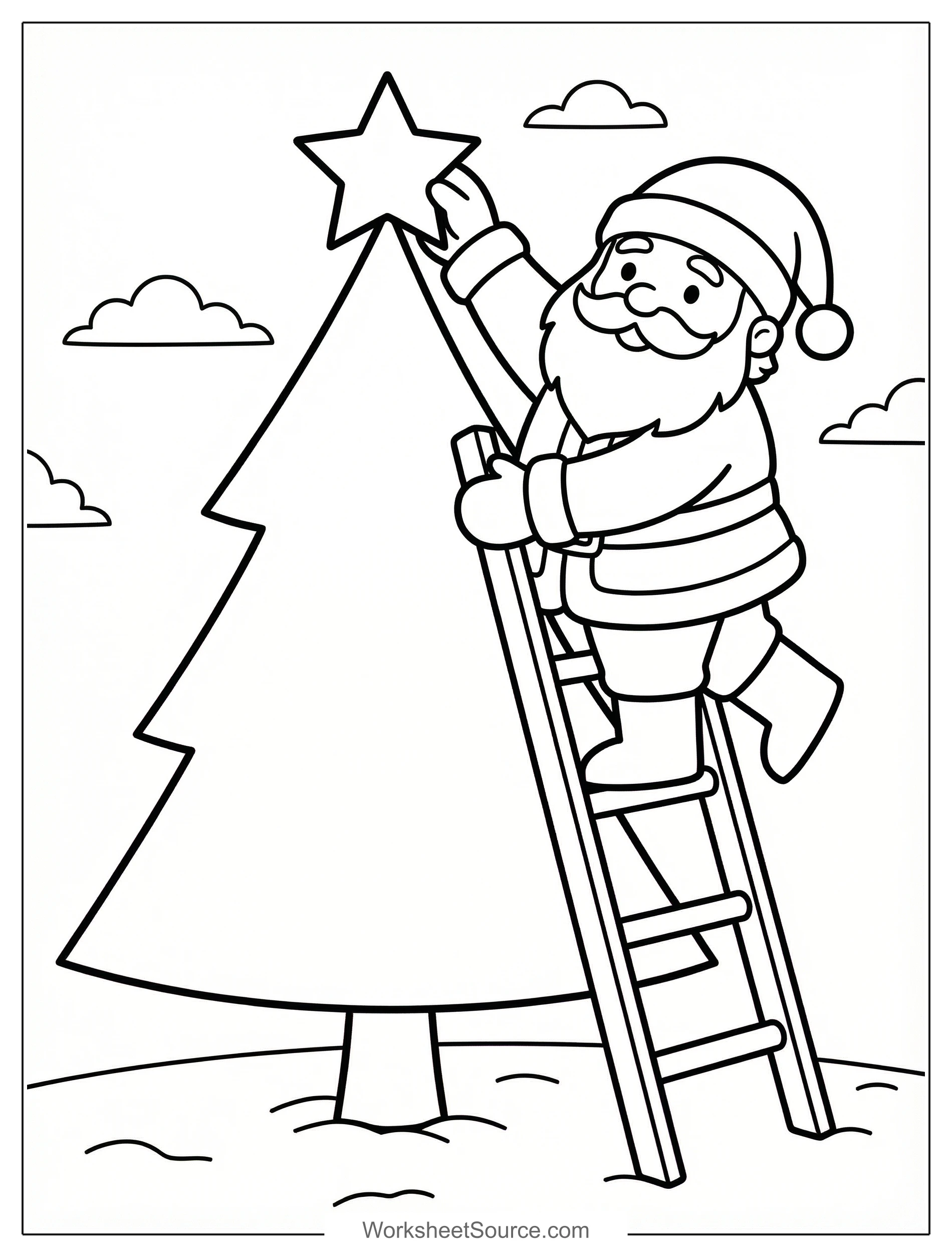 Free printable coloring page showing Santa on a ladder placing a star on a Christmas tree, perfect for kids to practice creativity and fine motor skills