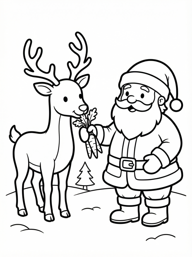 Free printable coloring page showing Santa feeding a reindeer carrots, perfect for kids to practice fine motor skills and creativity
