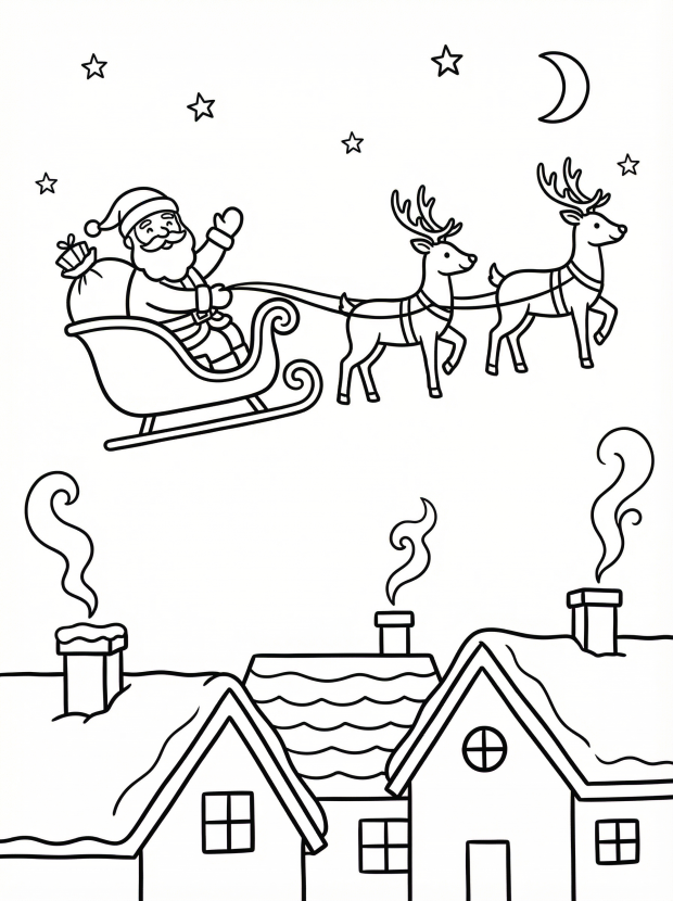 Free printable coloring page showing Santa flying over town with reindeer and rooftops, perfect for kids to practice fine motor skills and creativity