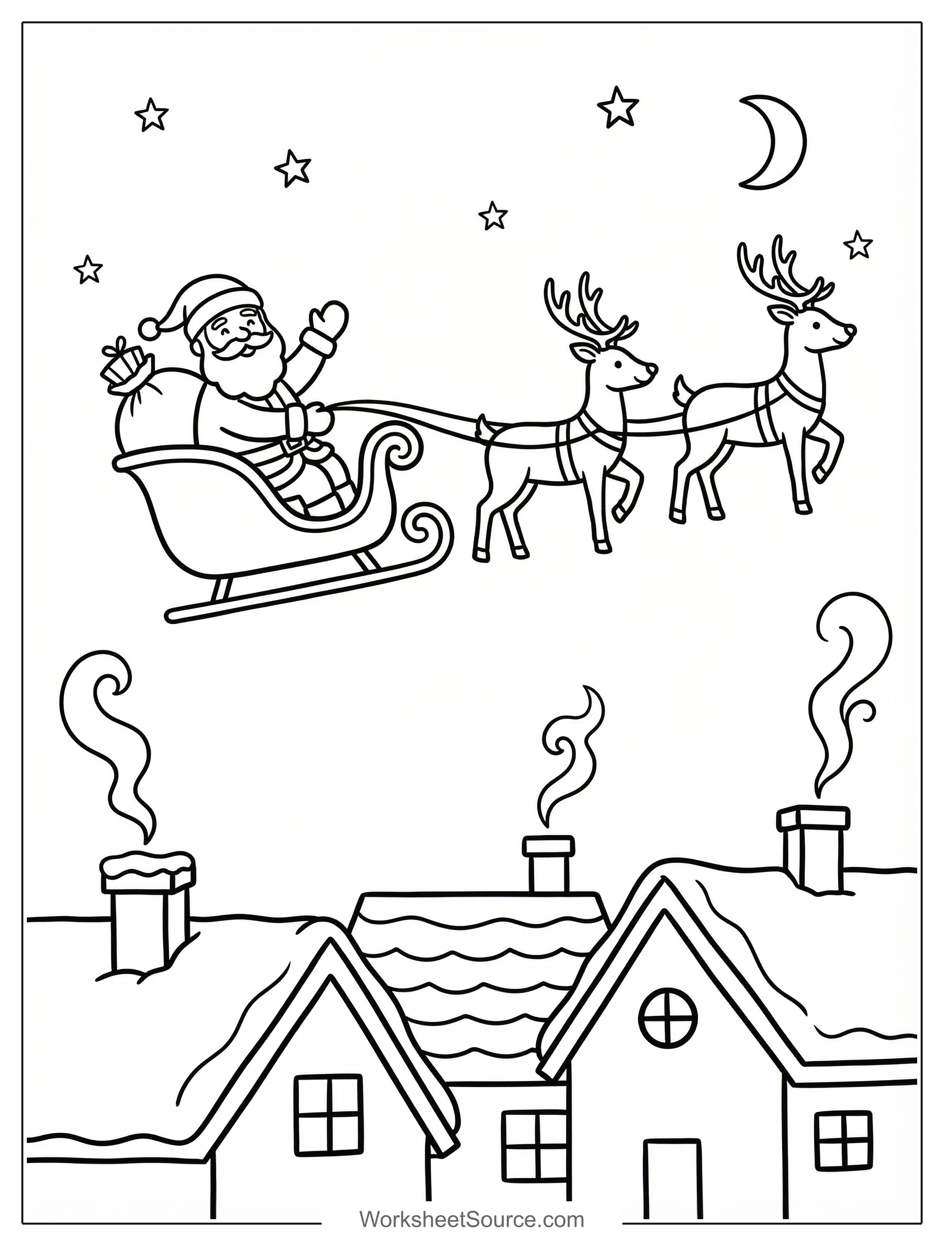 Free printable coloring page showing Santa flying over town with reindeer and rooftops, perfect for kids to practice fine motor skills and creativity