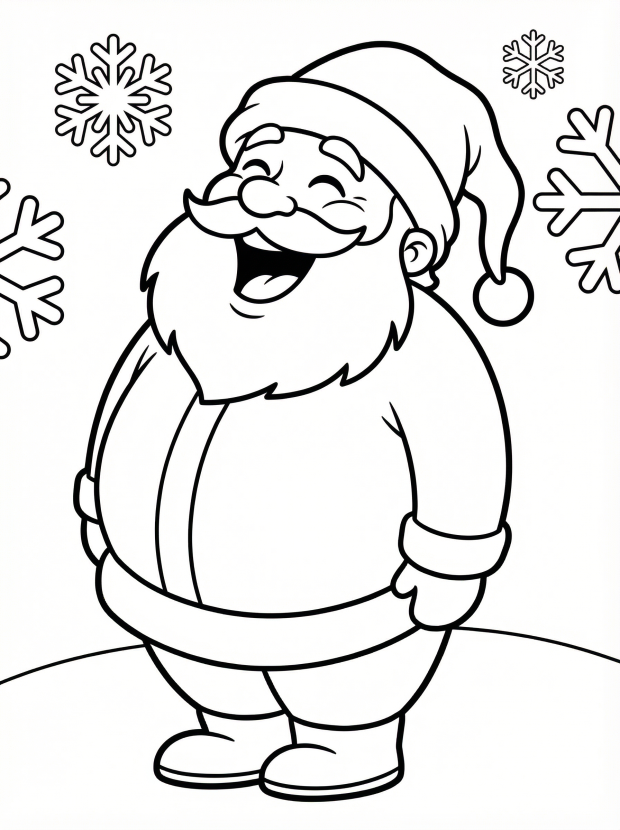 Free printable coloring page showing Santa Ho Ho Ho smiling with snowflakes, perfect for kids to practice creativity and fine motor skills
