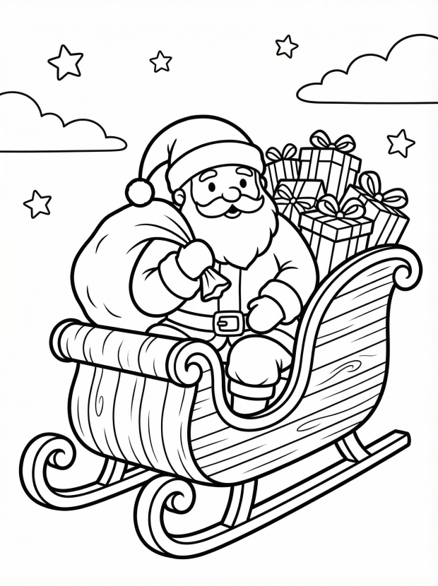 Free printable coloring page showing Santa in a sleigh with presents, perfect for kids to practice creativity and fine motor skills