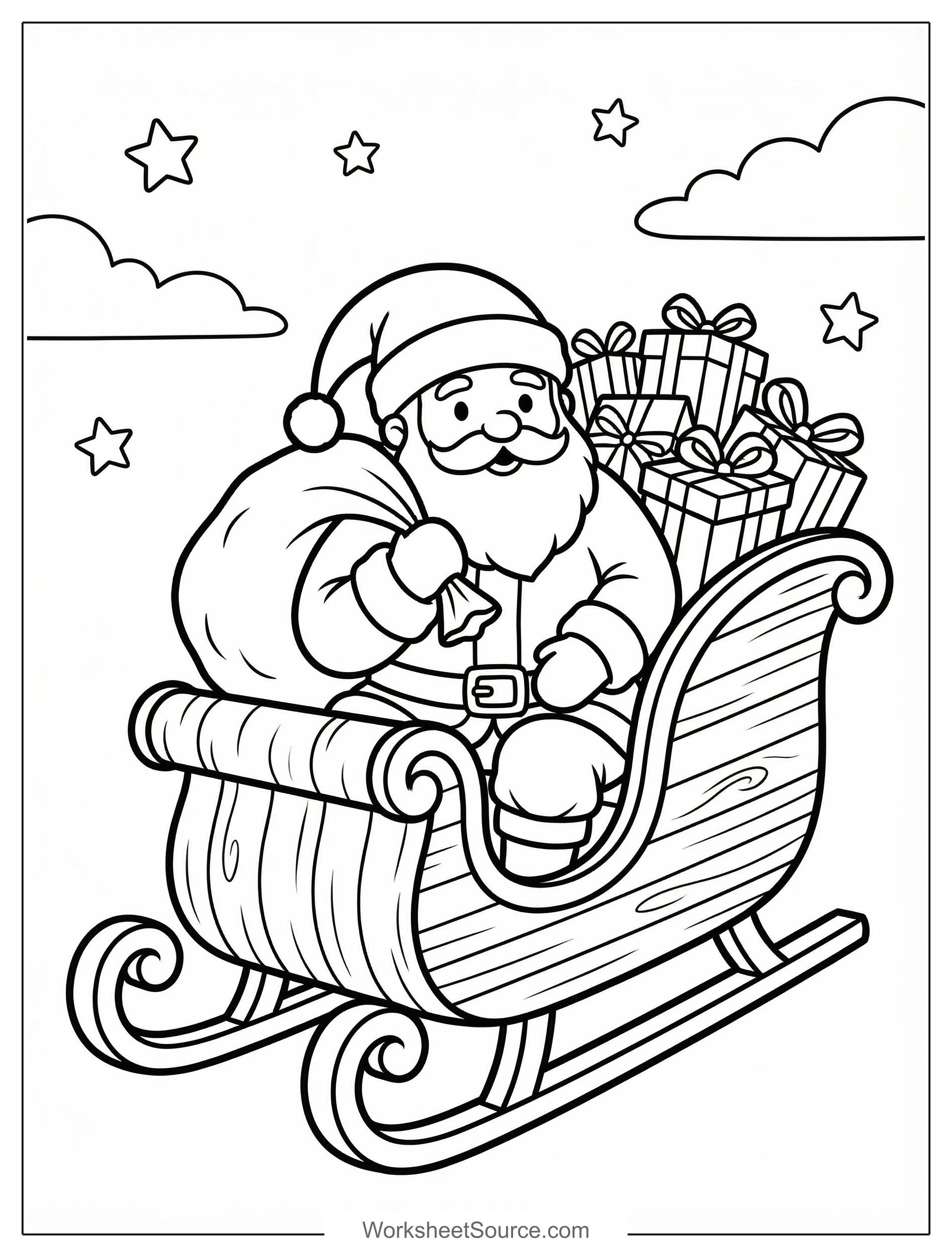 Free printable coloring page showing Santa in a sleigh with presents, perfect for kids to practice creativity and fine motor skills