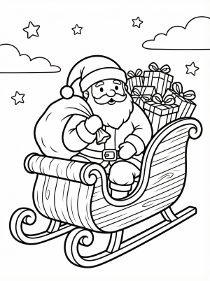 Free printable coloring page showing Santa in a sleigh with presents, perfect for kids to practice creativity and fine motor skills