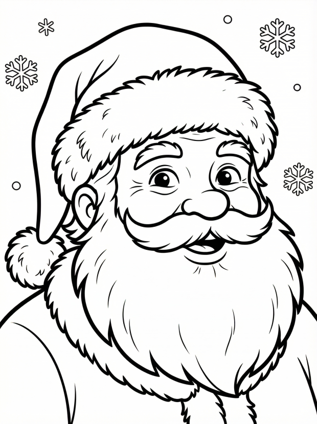 Free printable coloring page showing a smiling Santa portrait, perfect for kids to practice coloring and build creativity