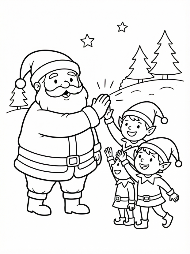 Free printable coloring page showing Santa with three cheerful elves, perfect for kids to practice fine motor skills and creative expression