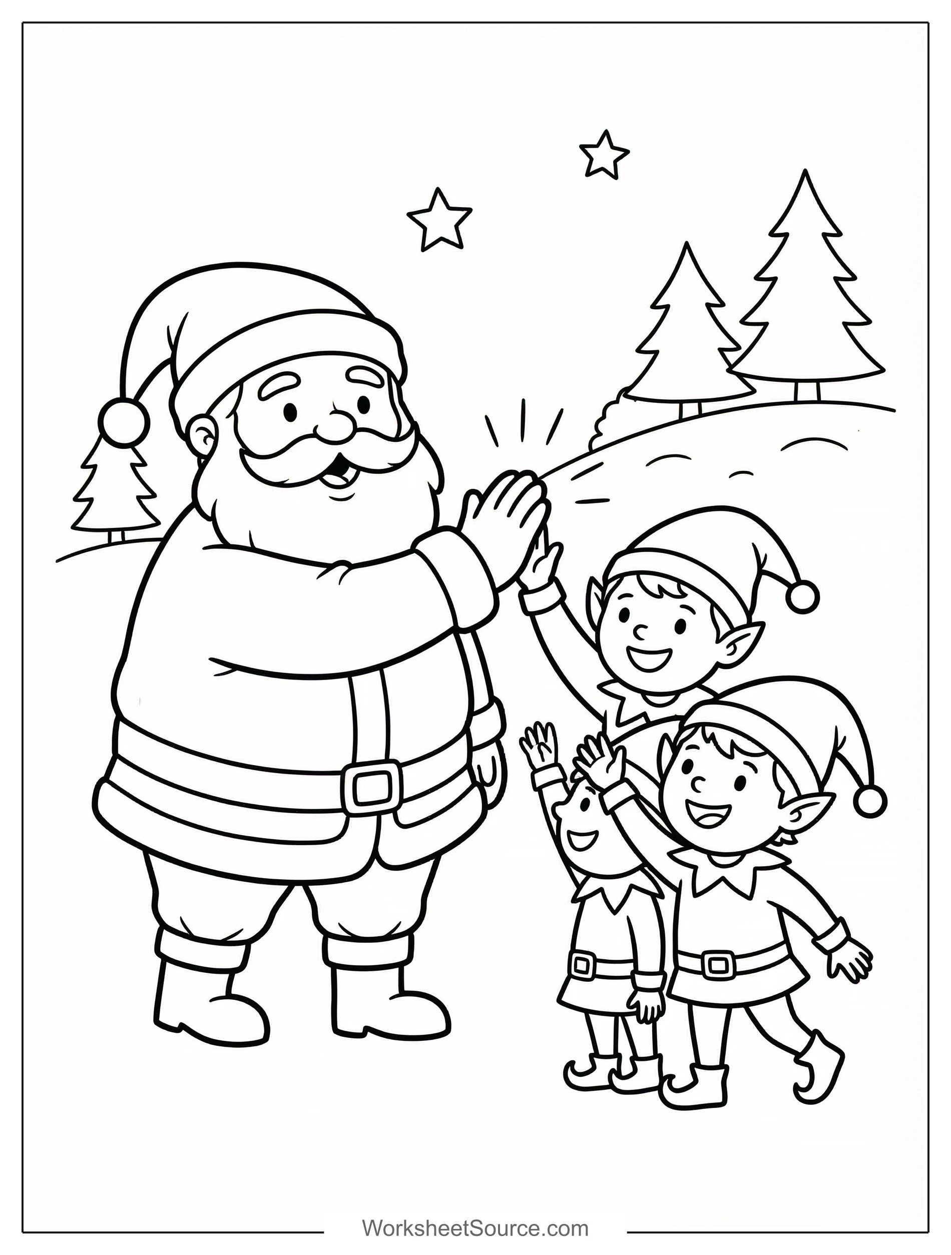 Free printable coloring page showing Santa with three cheerful elves, perfect for kids to practice fine motor skills and creative expression