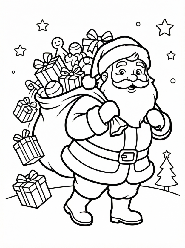 Free printable coloring page showing Santa carrying a large gift sack, perfect for kids to practice coloring and spark holiday creativity