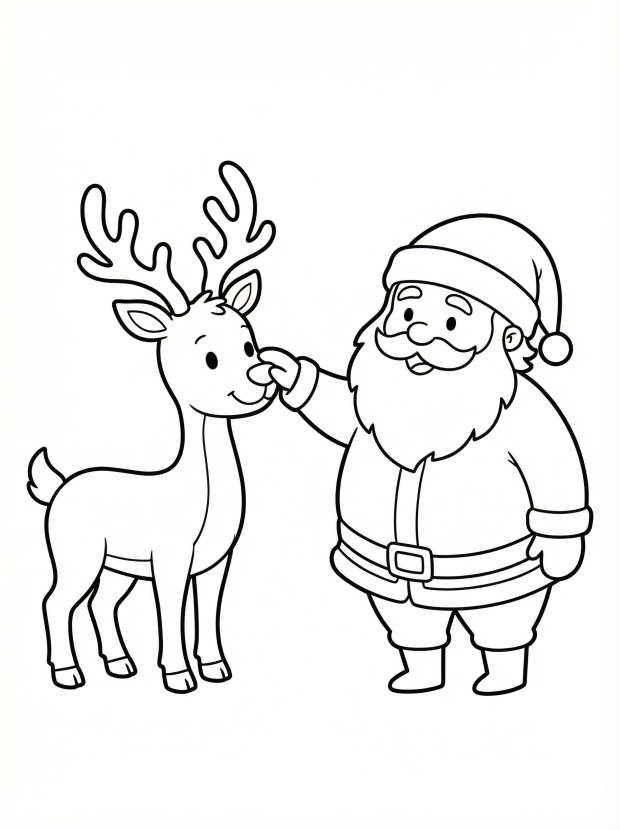 Free printable coloring page showing Santa touching a reindeers nose, perfect for kids to practice coloring and storytelling
