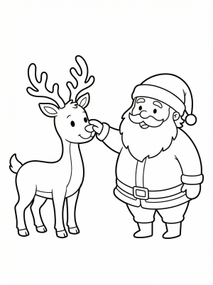 Free printable coloring page showing Santa touching a reindeers nose, perfect for kids to practice coloring and storytelling