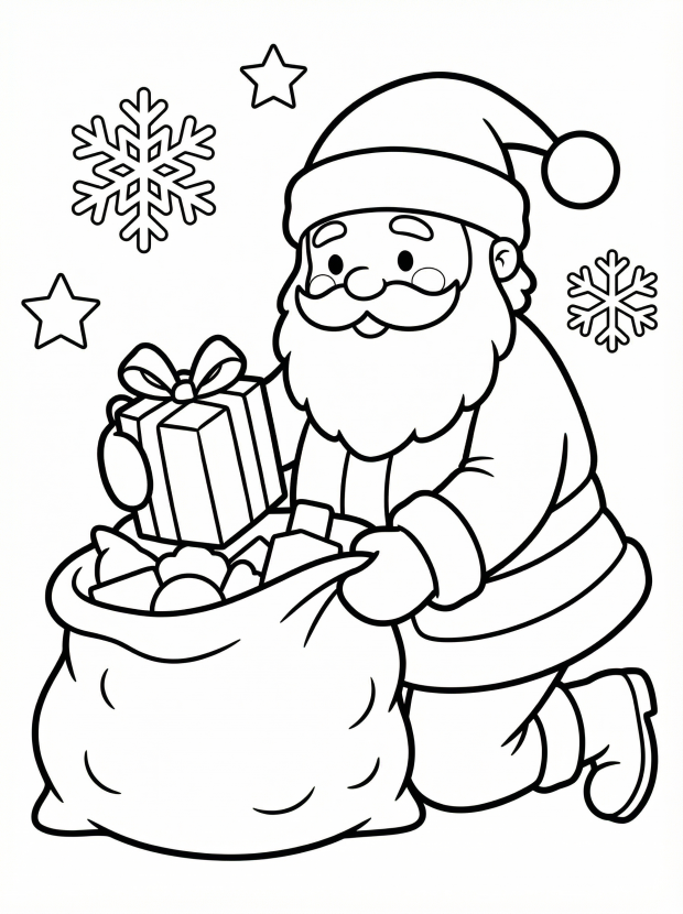 Free printable coloring page showing Santa carrying a toy bag, perfect for kids to practice creativity and fine motor skills