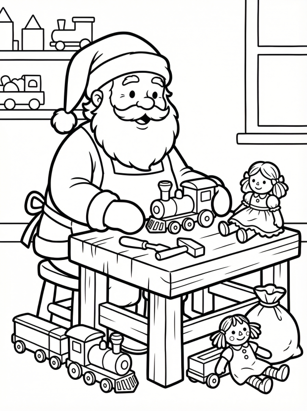 Free printable coloring page showing Santa in his workshop with toys and tools, perfect for kids to build creativity and practice focus