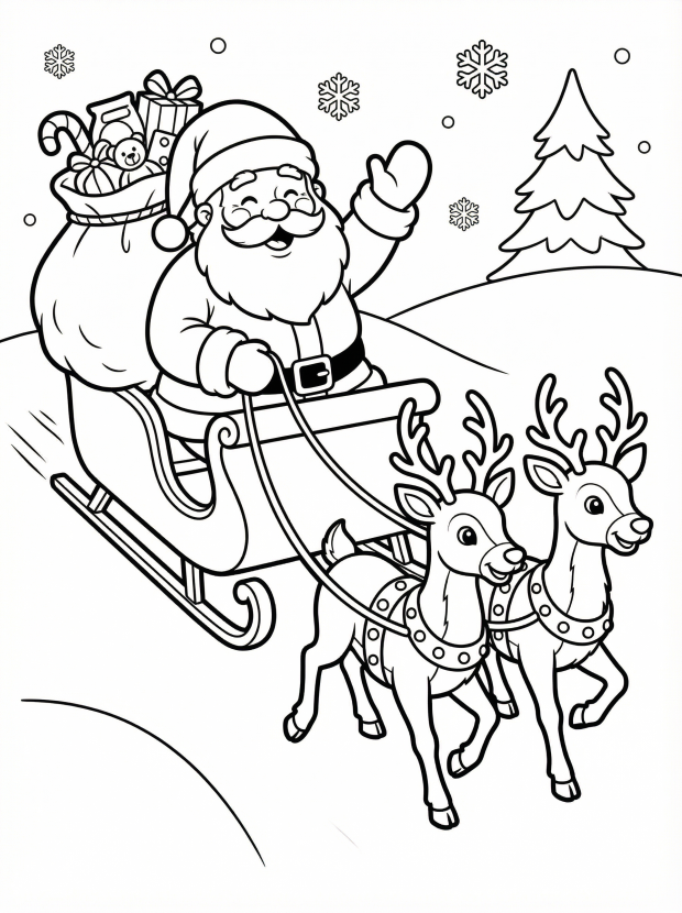Free printable coloring page showing Santa Claus in a sleigh with a gift bag and reindeer, perfect for kids to practice coloring and imagination