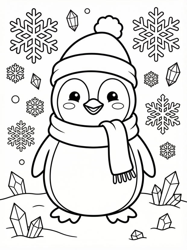 Free printable coloring page showing a penguin with snowflakes and winter crystals, perfect for kids to practice coloring and fine motor skills